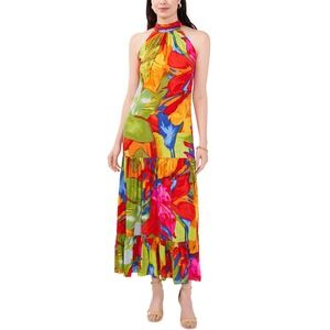 MSK Halter Maxi Dress Colorful Floral Tiered Sleeveless Vibrant Bohemian Size M